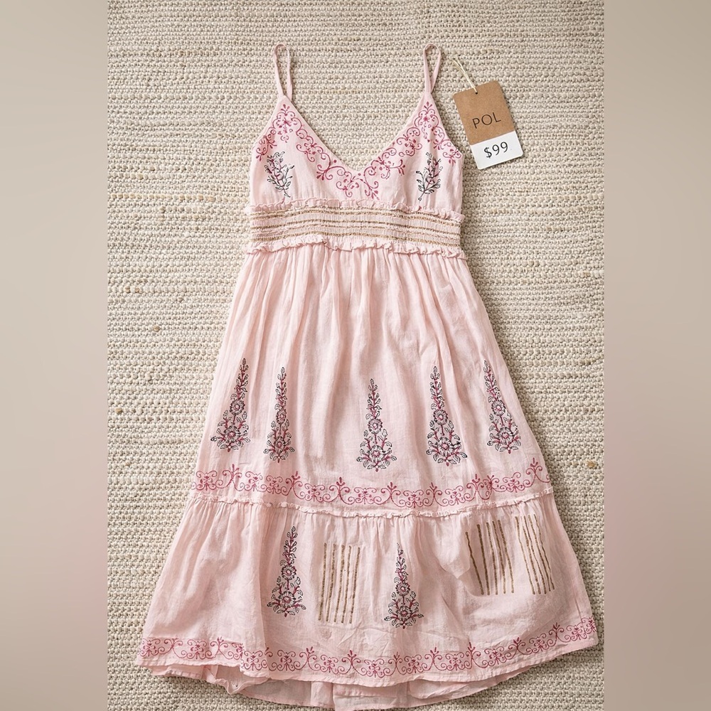 POL Pink Summer Boho 100% Cotton Midi Dress Smocked Embroidered NWT M Festival - Picture 5 of 9